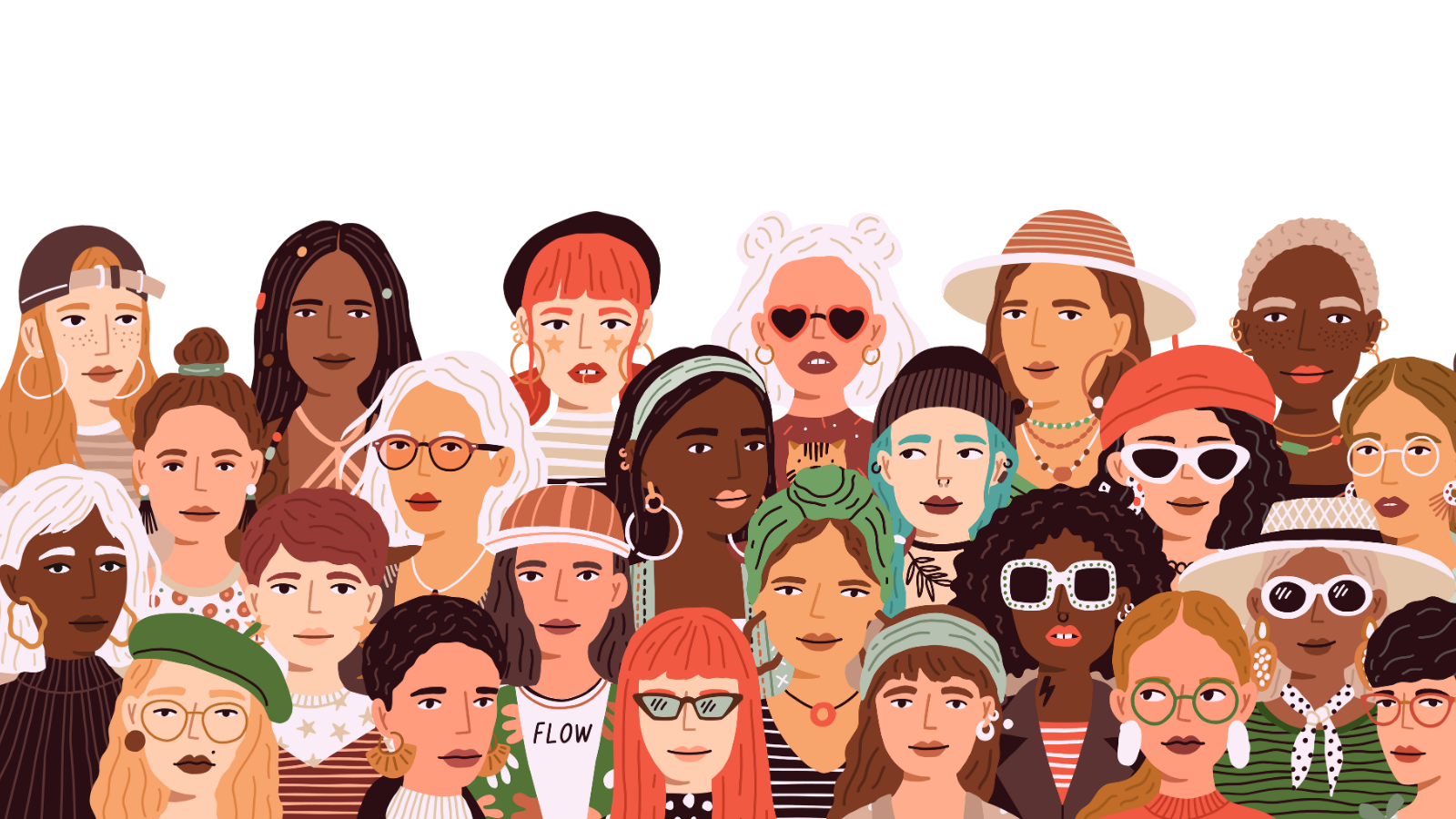 A cartoon image featuring a wide range of different women on a white background - there are all types of skin colour, hair type, accessories such as glasses, hats and jewellery.