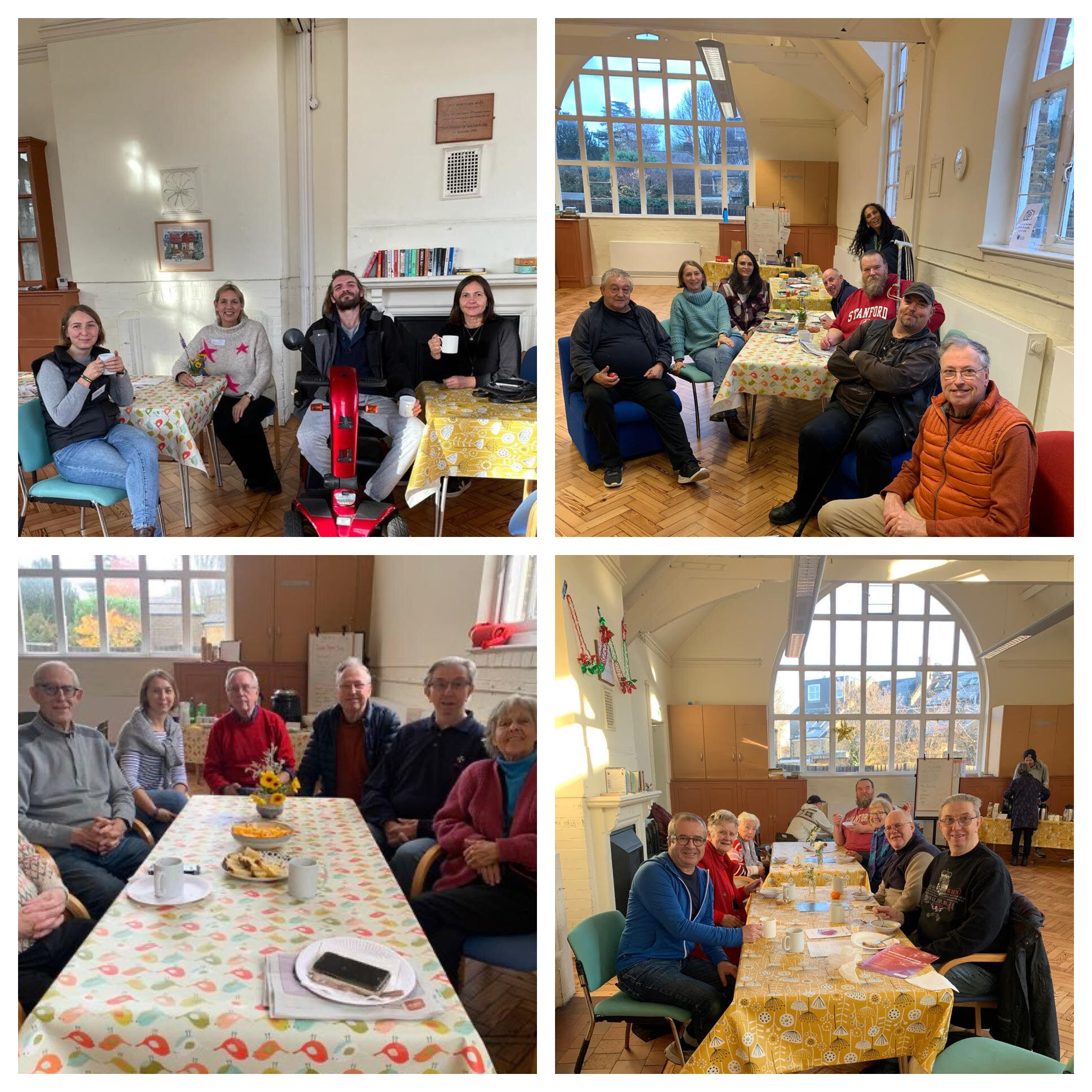 A grid of four photos showing people at a community centre sitting around a table and smiling at the camera