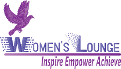 Women's Lounge logo - purple text reads 'Women's Lounge' 'Inspire Empower Achieve'. The letters 'W' and 'L' on 'Women's Lounge' begin to pixelate and disperse. Above the 'W' is a purple bird mid-flight.