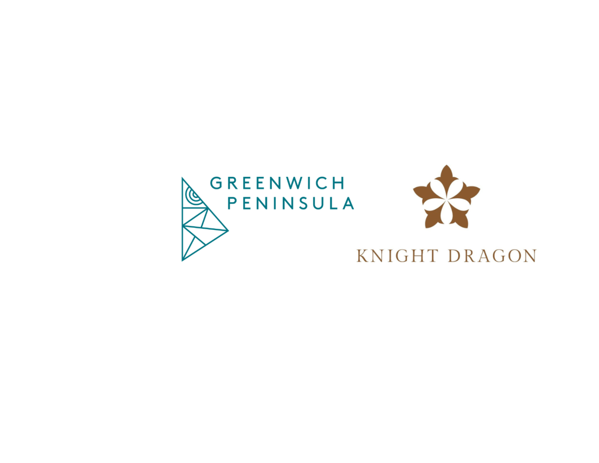 Greenwich Peninsula logo (featuring triangular shapes and a series of concentric half-circles) alongside a Knight Dragon logo (featuring a floral crest shape)