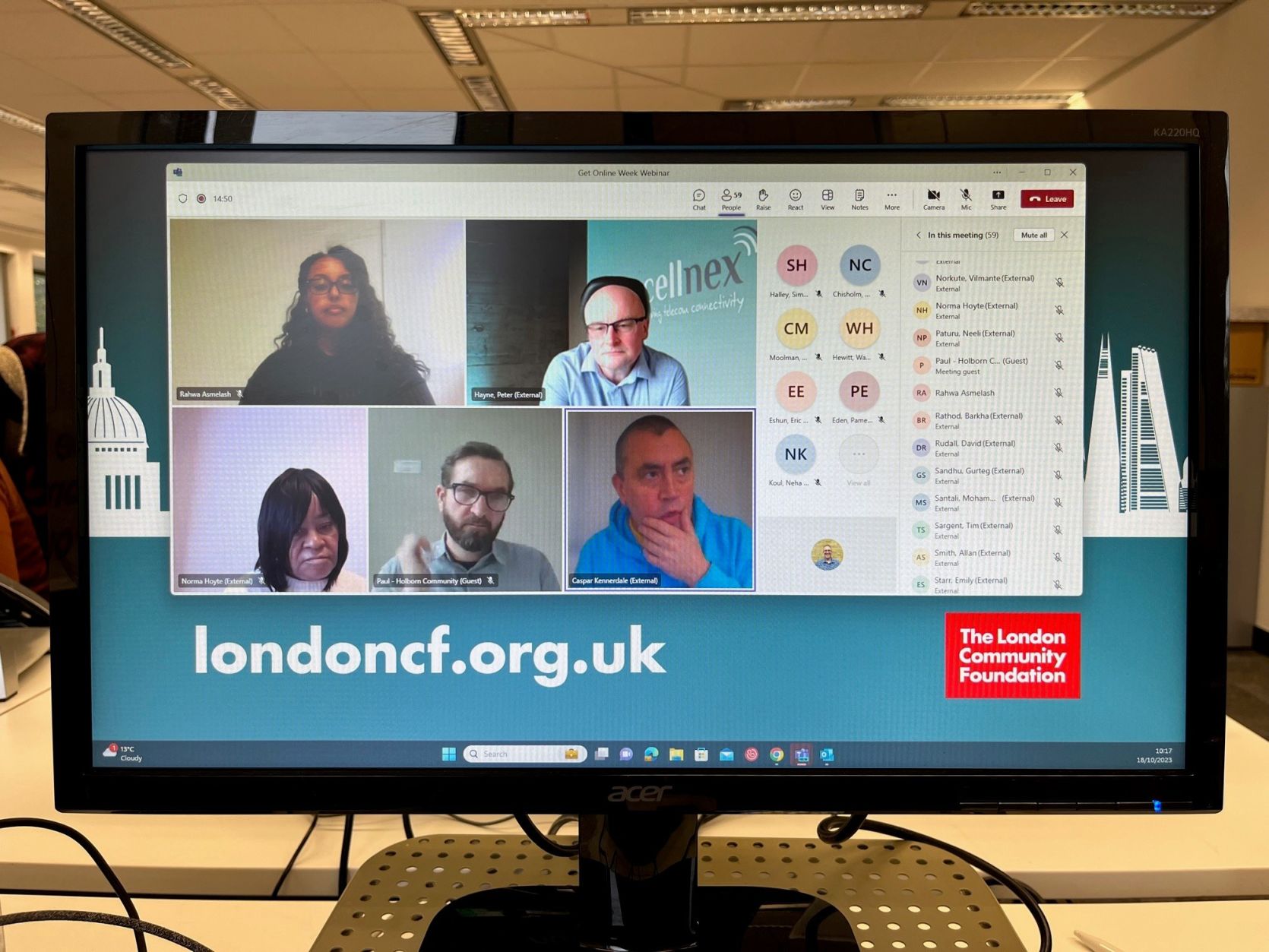 A screen shot of the Cellnex webinar featuring five different speakers and the accompanying chat window. Behind on the background of the screen can be seen a white London skyline and the words 'londoncf.org.uk'.